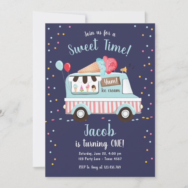 Invitation Crème glacée Camion Sweet Time Boy Rouge Bleu Anni (Devant)