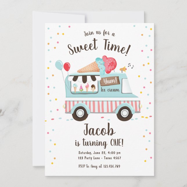 Invitation Crème glacée Camion Sweet Time Boy Rouge Bleu Anni (Devant)