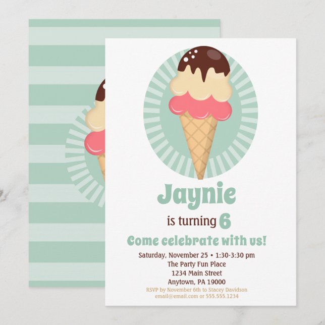 Invitation Crème glacée Cone Boys Filles Anniversaire Fête (Devant / Derrière)