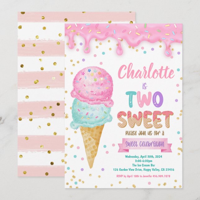 Invitation Crème glacée deux douces 2e anniversaire fête Pink (Devant / Derrière)