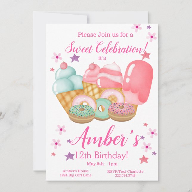 Invitation Crème glacée douce, Anniversaire de beignes, N'imp (Devant)