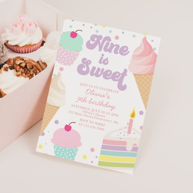 Invitation Crème glacée et gâteau Nine est doux 9e anniversai (Créateur téléchargé)