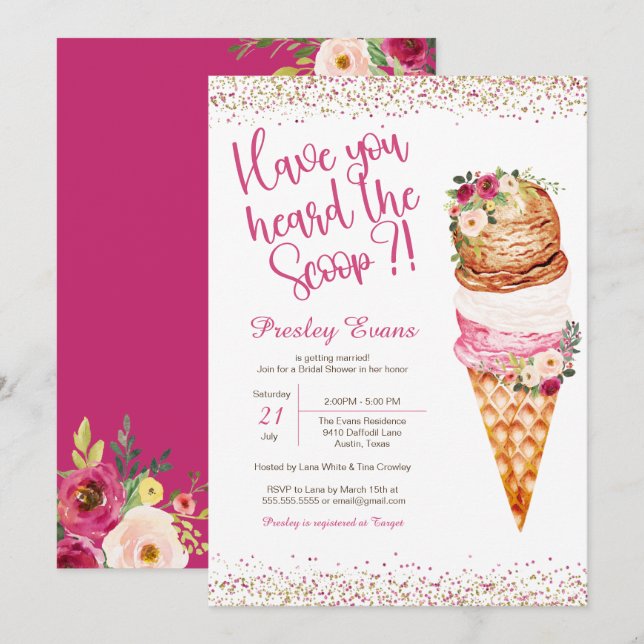 Invitation Crème glacée Fête des mariées aquarelle "The Scoop (Devant / Derrière)