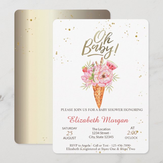Invitation Crème glacée Fleurs Oh Baby Baby shower d'été (Devant / Derrière)