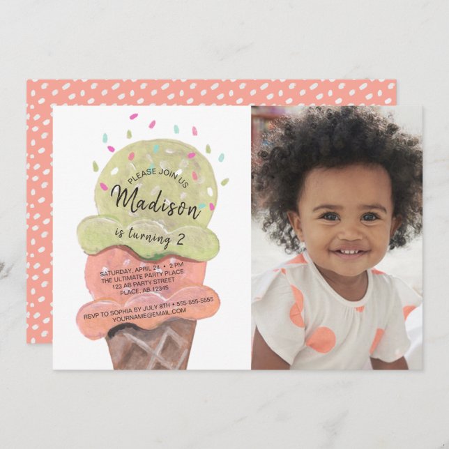 Invitation Crème glacée moderne Peach | Anniversaire | Photo (Devant / Derrière)