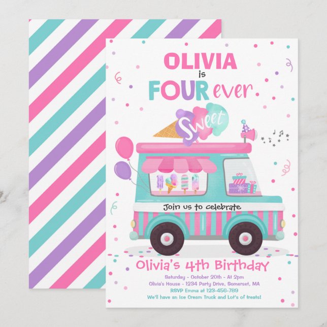 Invitation Crème glacée quatre jamais doux Anniversaire Crème (Devant / Derrière)