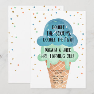 Invitation Crème glacée Twin Anniversaire Blue Mint Cone Conf