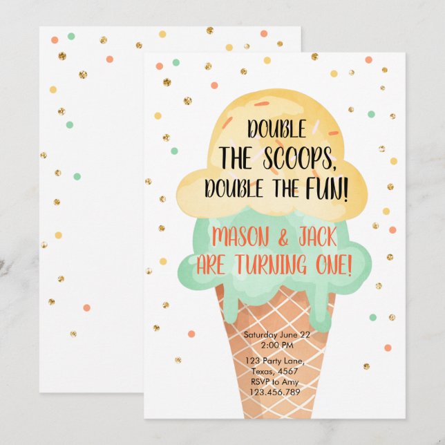 Invitation Crème glacée Twin Anniversaire Confetti Confetti à (Devant / Derrière)