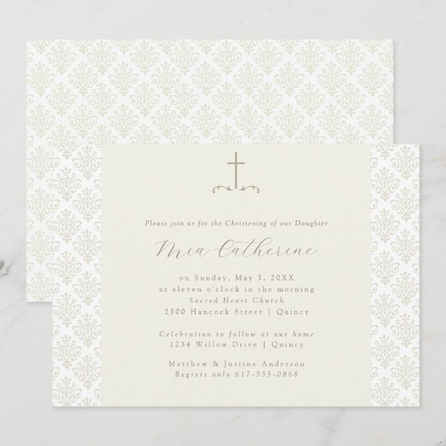 Invitation Crème ivoire damassé Christening / Baptême (Devant / Derrière)