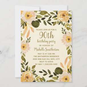 Invitation Crème Jaune Verdure Florale 90e anniversaire