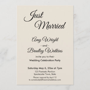 Invitation Crème "Just Married" Réception Simple, Élégante