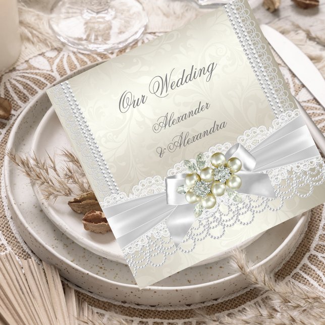 Invitation Crème mariage Blanc Pearl Lace Damask Diamond (Créateur téléchargé)