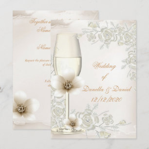 Invitation Crème mariage Sepia Champagne Fleurs de verre