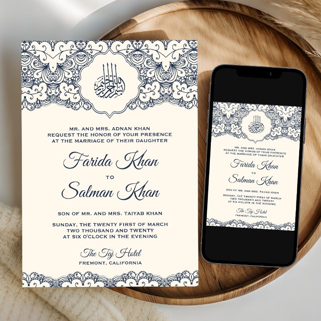 Invitation Crème Marine Blue Lace Mariage musulman islamique (Créateur téléchargé)