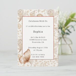 Invitation Crème Marron Bohème Papillon Anniversaire
