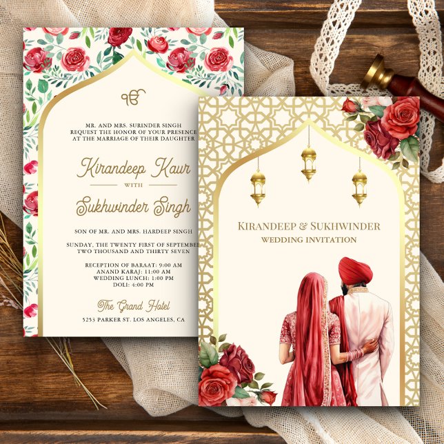 Invitation Crème Or Roses Rouge Anand Karaj Sikh Mariage (Créateur téléchargé)