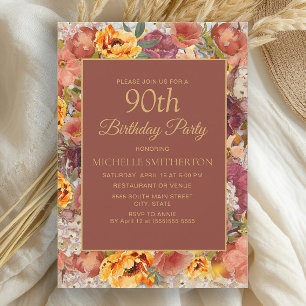 Invitation Crème Orange Brûlé Rouille Floral 90e Anniversaire