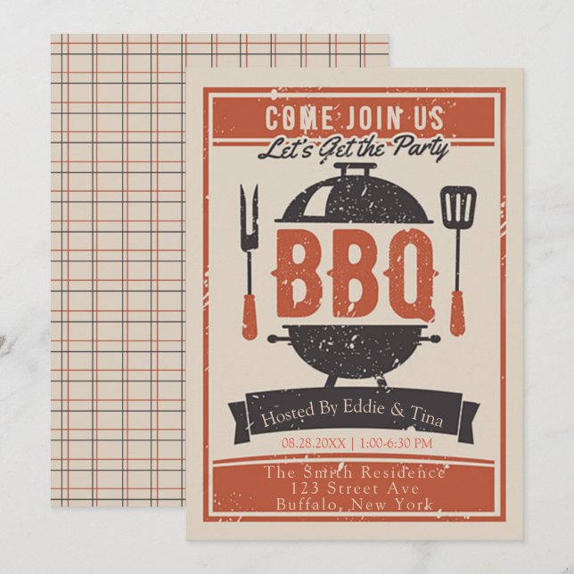 Invitation Crème Orange Navy BBQ Party (Devant / Derrière)