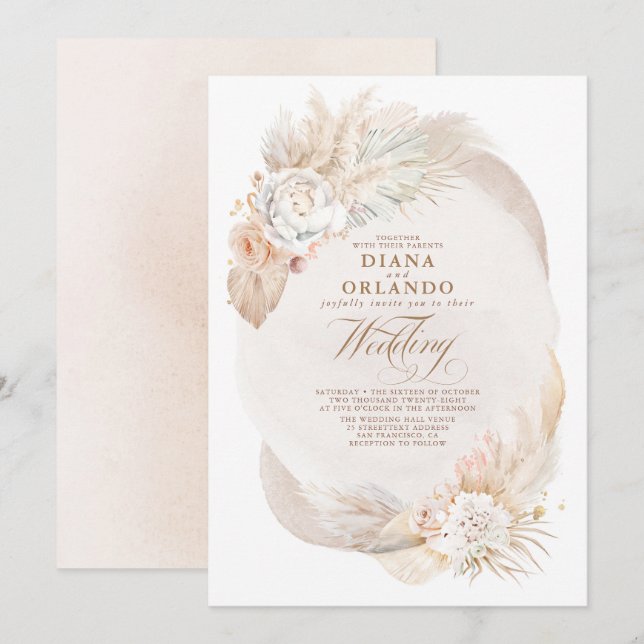Invitation Creme pastel douce et Mariage floral ivoire Boho (Devant / Derrière)