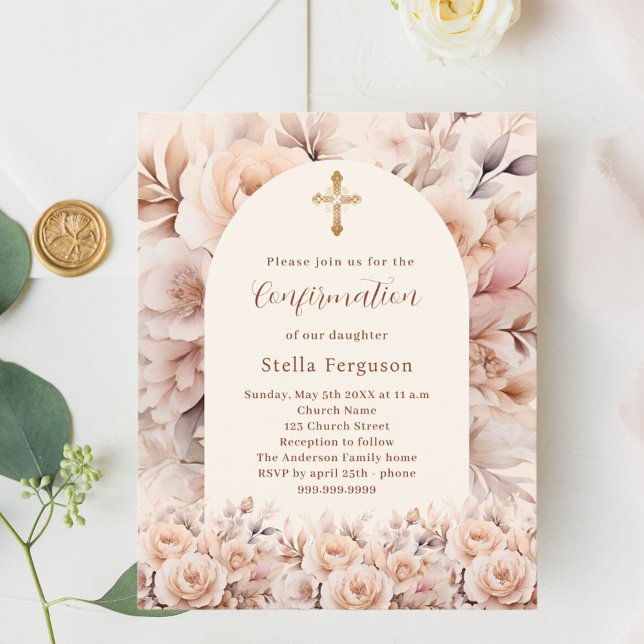 Invitation Crème pêche florales roses arc Première communion (Créateur téléchargé)