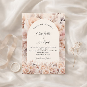 Invitation Crème pêche florales roses arche mariage élégant