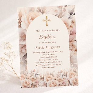 Invitation Crème pêche rose florales arche Baptême