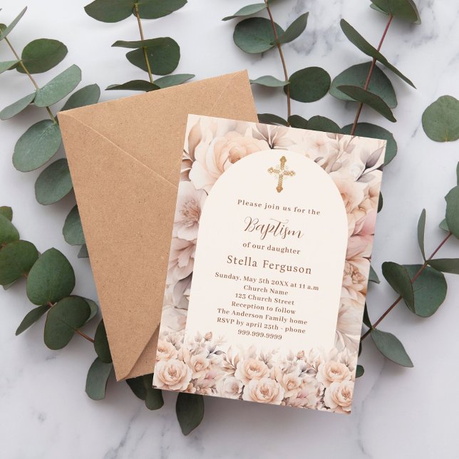 Invitation Crème pêche rose florales arche Baptême (Créateur téléchargé)