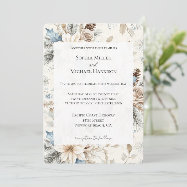 Invitation Crème Poinsettia Mariage Floral Bleu (Debout devant)