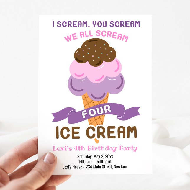 Invitation Crème quatre glace fille 4e anniversaire (Ice Cream Birthday Invitation for a 4-year old girl: We all scream FOUR ice cream)