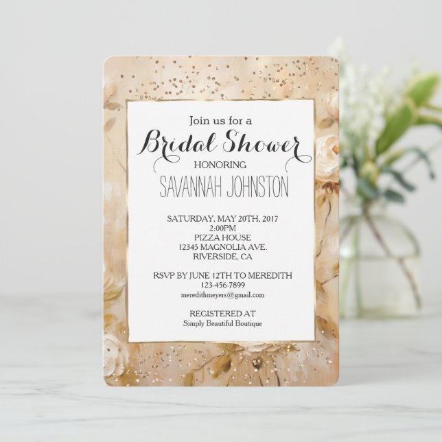 Invitation Crème romantique Roses blanches Douche nuptiale Co (Debout devant)