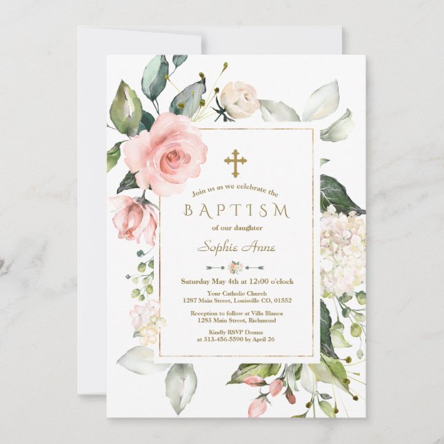 Invitation Crème rose Blush Cadre Floral Or Baptême (Devant)