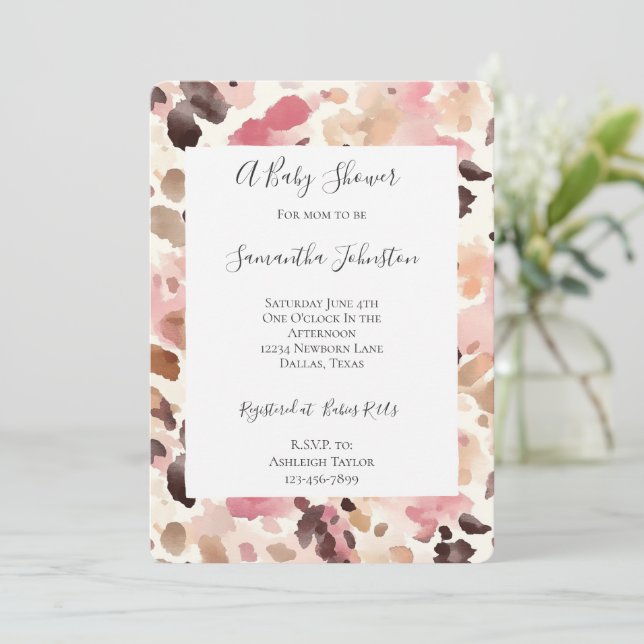 Invitation Crème rose Brown Leopard Baby shower Poster de ani (Debout devant)