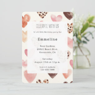 Invitation Crème rose Coeurs léopard Anniversaire