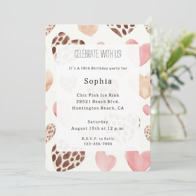 Invitation Crème rose Coeurs léopard Brown Anniversaire (Debout devant)