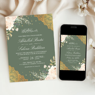 Invitation Crème Rose Gold Lace QR Code Mariage musulman vert