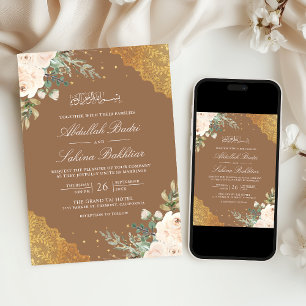 Invitation Crème Rose Or Lace Code QR Beige Mariage Musulman