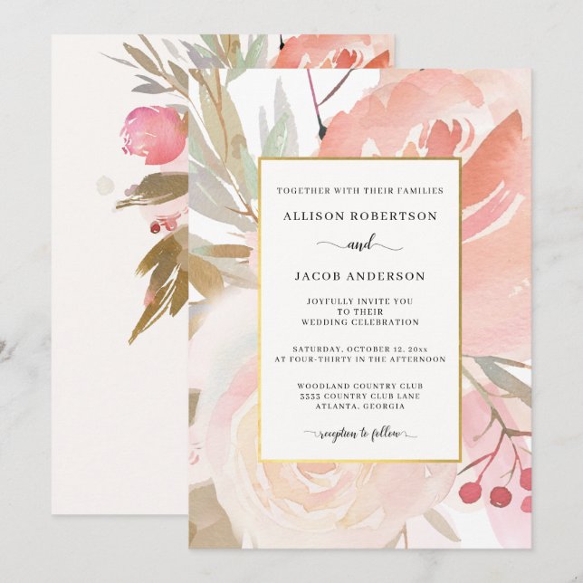 Invitation Crème rose pâle Peach Sage Green Mariage or (Devant / Derrière)