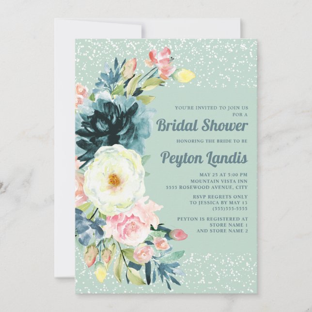 Invitation Crème rose Parties scintillant florale Neo Mint Fê (Devant)