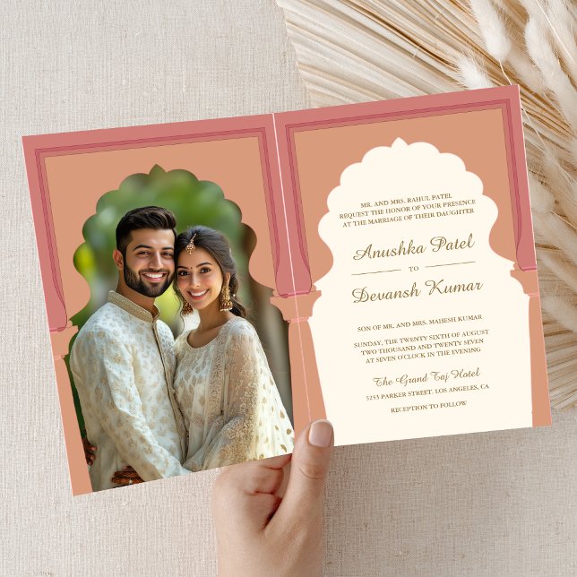 Invitation Crème rose traditionnel Mariage photo Arch indien (Créateur téléchargé)