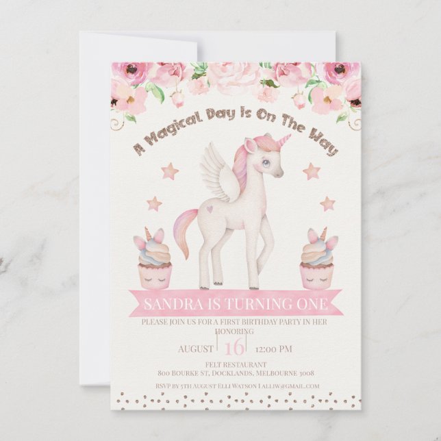 Invitation Crème rose Unicorn Magique Jour 1er Anniversaire (Devant)