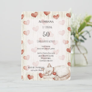 Invitation Crème Rouge Coeurs Faux Bois Chat Anniversaire