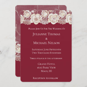 Invitation Crème rouge Dentelle blanche Floral Romantique Mar