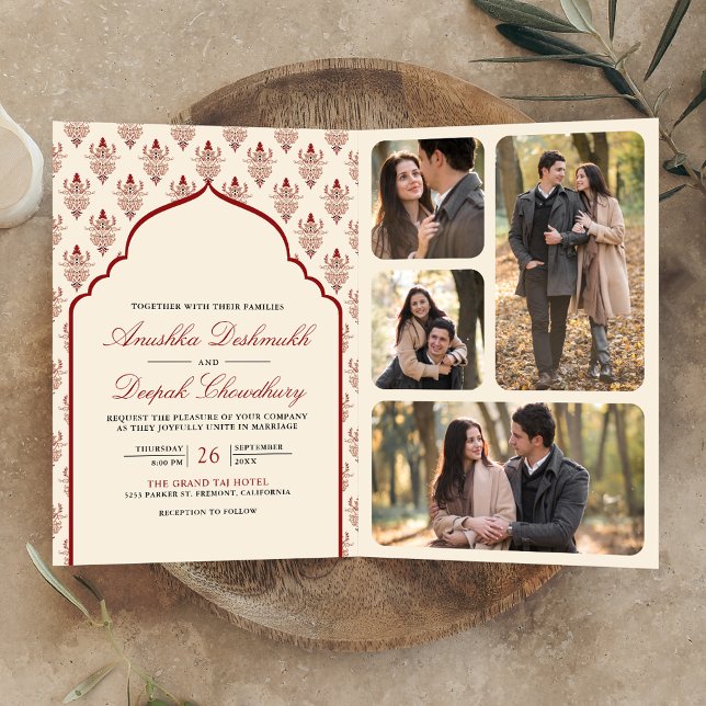 Invitation Crème rouge Ikat tout en un Mariage indien (Créateur téléchargé)