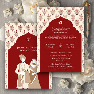 Invitation Crème rouge Punjabi Anand Karaj Sikh Mariage