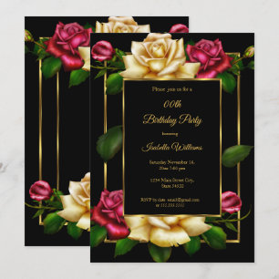 Invitation Crème rouge Rose floral Or noir fête d'anniversair