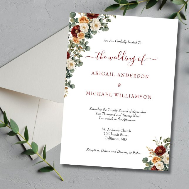 Invitation Crème rouille Bourgogne Floral Mariage élégant (Burgundy Rust Cream Floral Elegant Wedding Invitation)