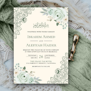Invitation Crème Rustique Vert Sauge Floral Broderie Musulman