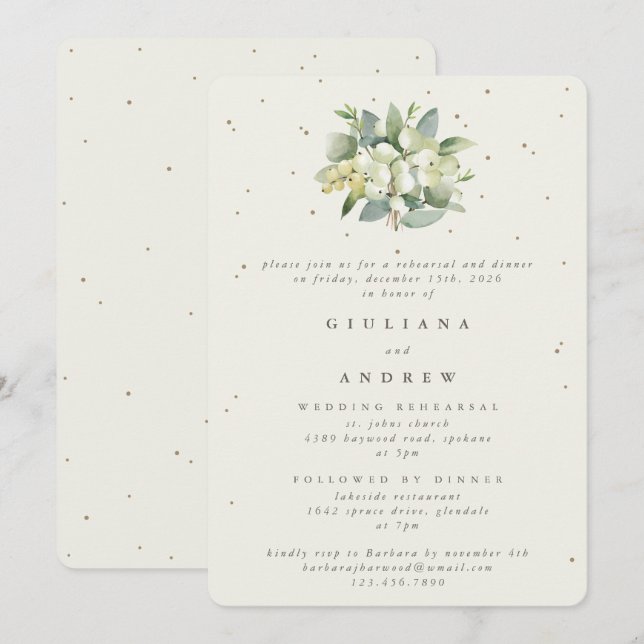 Invitation Crème Snowberry+Eucalyptus Mariage répétition (Devant / Derrière)