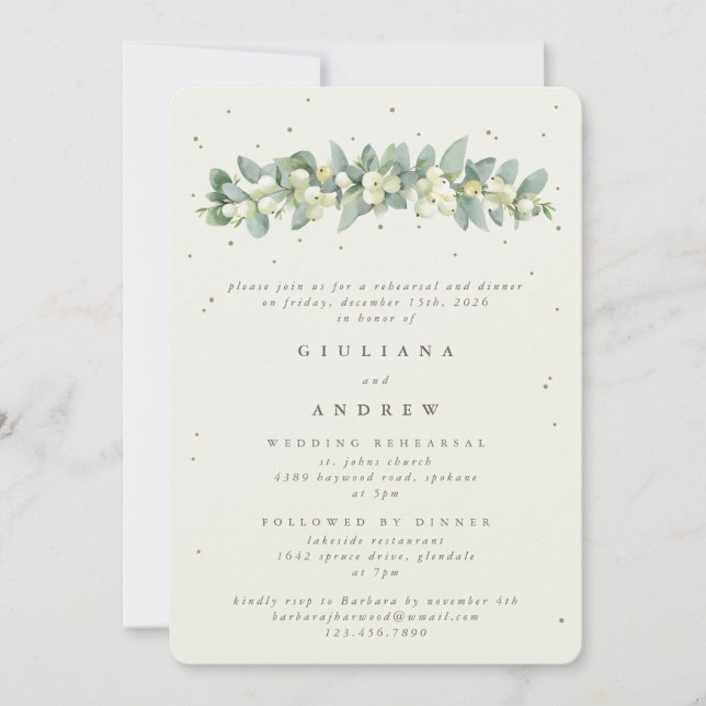 Invitation Crème Snowberry+Eucalyptus Mariage répétition (Devant)