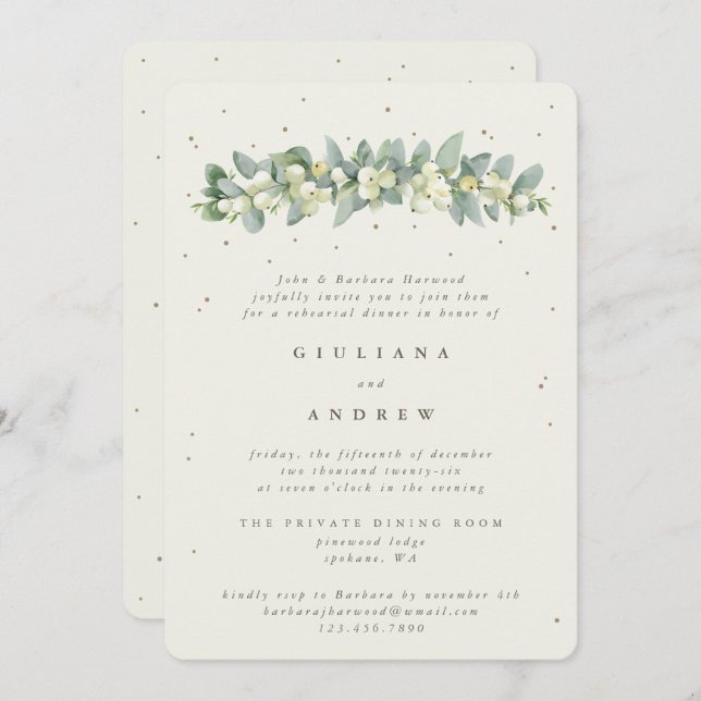 Invitation Crème Snowberry+Eucalyptus Mariage répétition (Devant / Derrière)
